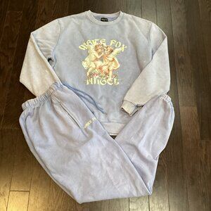 White Fox Light Blue Sweatshirt and Sweatpants Set – Medium